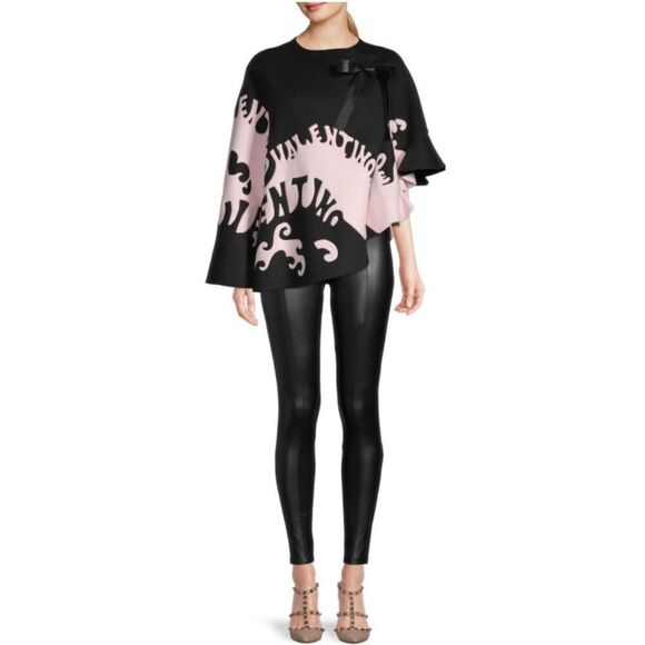 NEW WITH TAG Beautiful VALENTINO Logo Virgin Wool Blend Ruffled Cape BLACK AND P - Picture 3 of 16